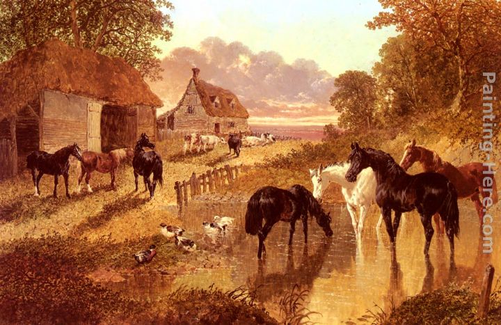 The Evening Hour - Horses And Cattle By A Stream At Sunset painting - John Frederick Herring Snr The Evening Hour - Horses And Cattle By A Stream At Sunset art painting